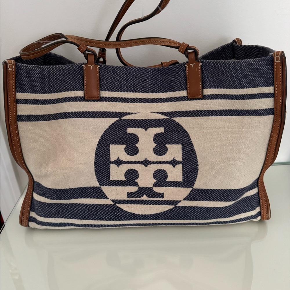 Tory Burch Navy and Cream Striped Canvas Tote with Leather Trim